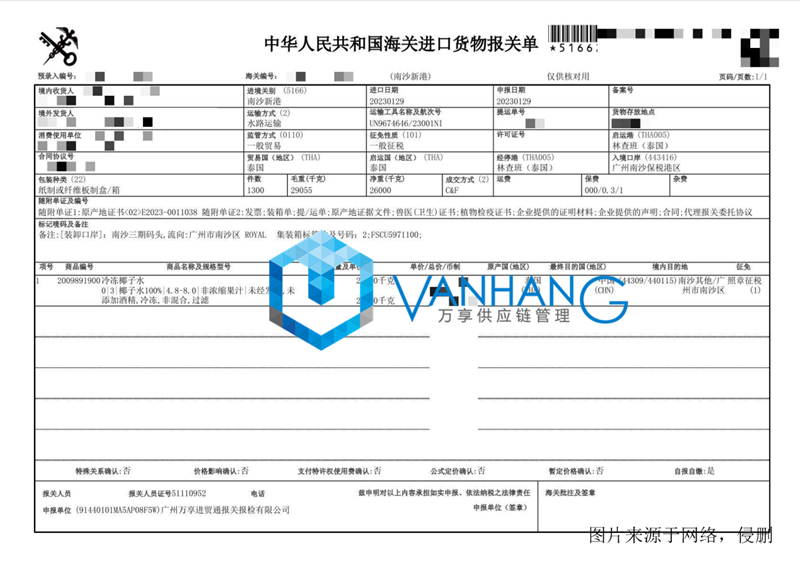 冷冻椰子水进口广州保税区报关.png