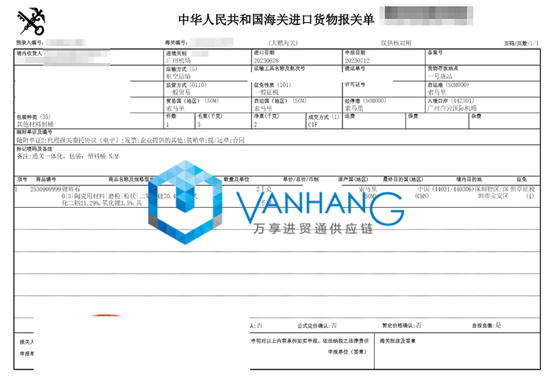 索马里锂辉石进口报关流程