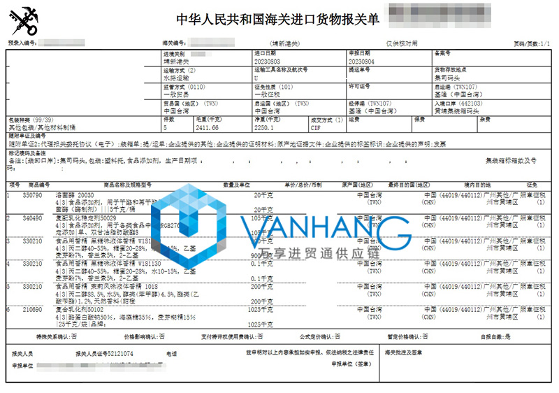 台湾食品用香精进口报关资料