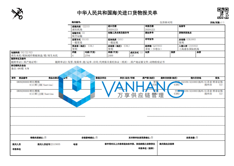 智利樱桃进口报关