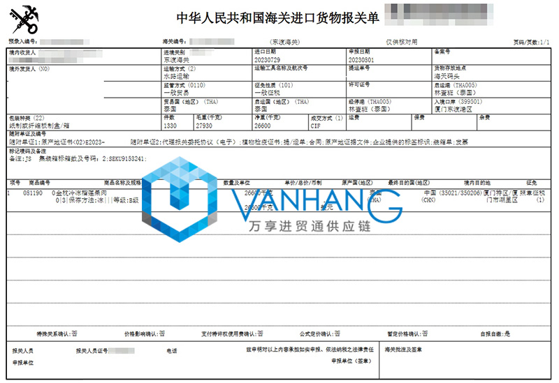 泰国金枕冷冻榴莲果肉进口清关资料