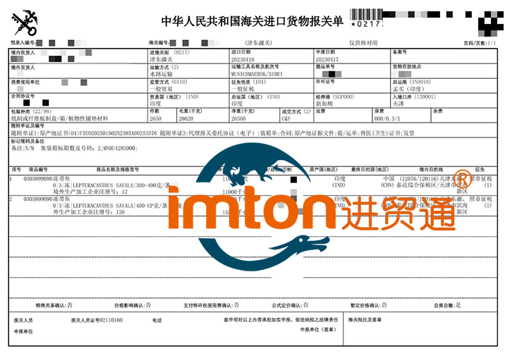 天津进口印度冷冻带鱼报关流程