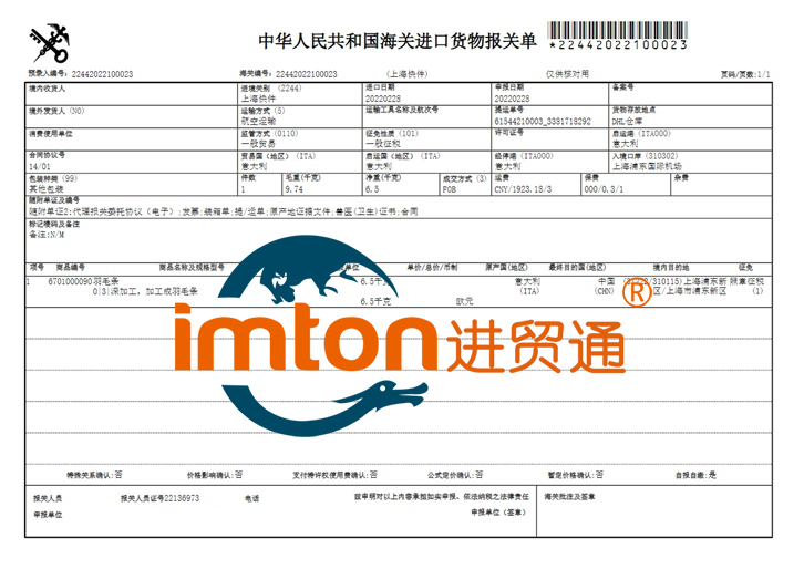上海羽毛条进口报关公司