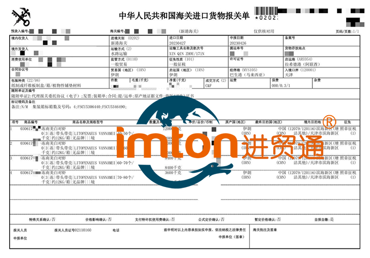 进口伊朗冷冻南美白对虾报关